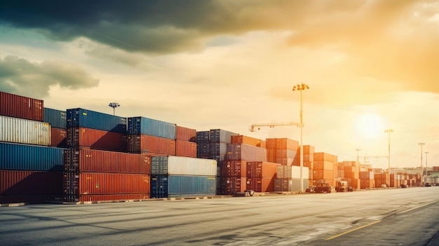 A container yard with a cloudy sky in the background