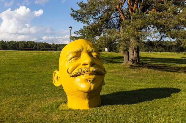 The Container Yellow head sculpture in the Birstonas, Lithuania