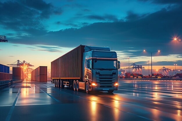 Containers are removed from terminal for logistics a are delivered by truck to customers ai