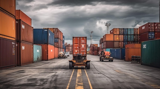 Containers en vorkheftruck in de haven voor Logistieke Import Export backgroundgenerative ai