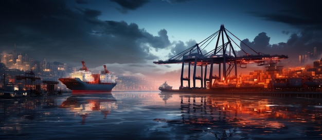 Containers shipping in the port at sunset