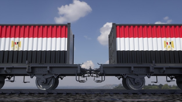 Containers with the flag of Egypt Railway transportation 3d rendering