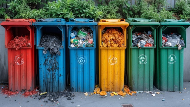 Containers with various types of garbage near a colored wall