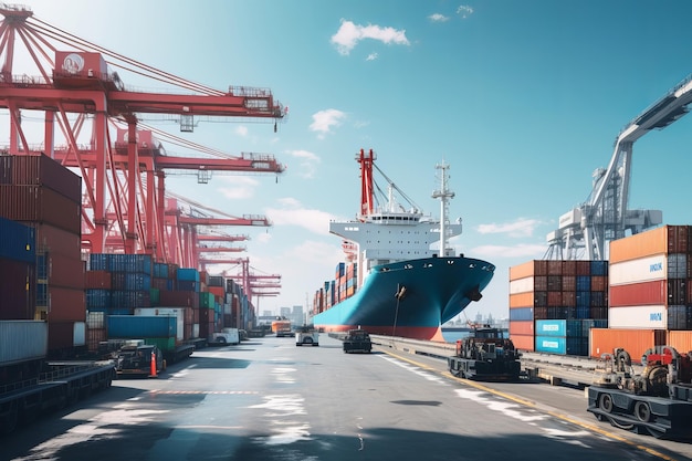 Containerschip dat vracht lost of lading laadt in een industriële haven