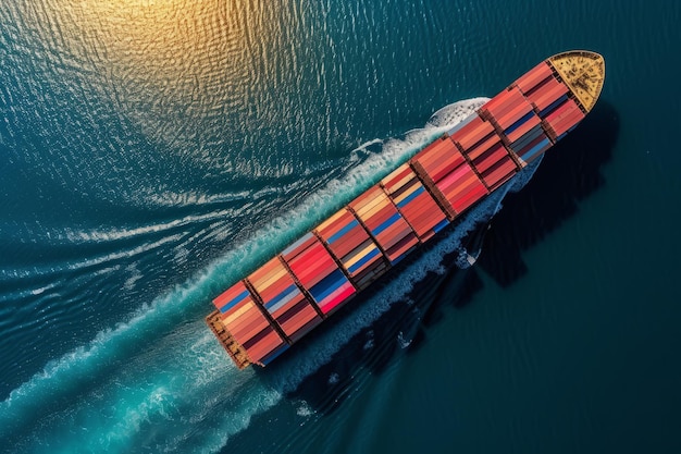 Foto containerschip met containers in de oceaan luchtbeeld