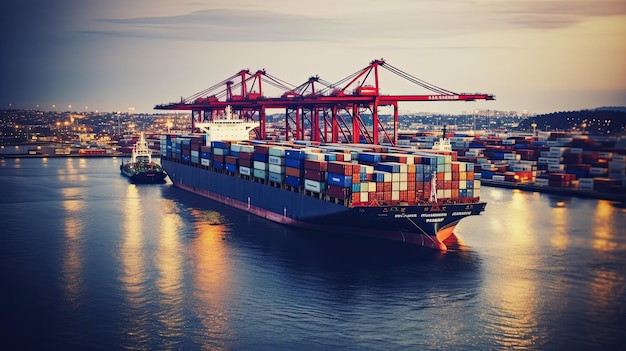 Containerschip op de achtergrond van de haven met kleurrijke containers ai gegenereerd