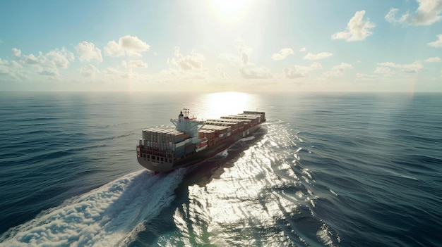Containerschip snijdt bij zonsopgang door de oceaan Wereldhandel in beweging
