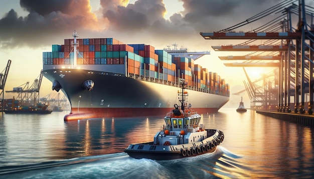 Containerterminal met grote containerschepen en sleepboten