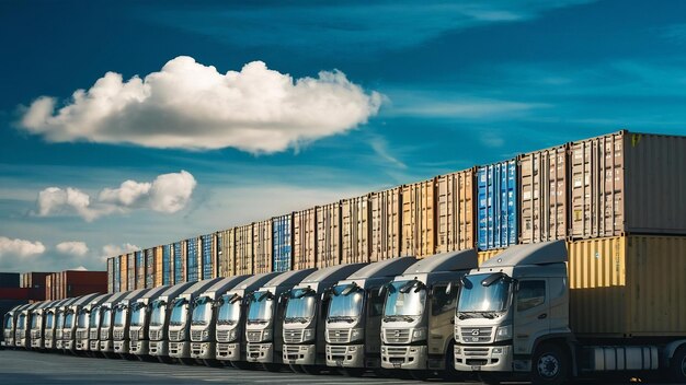 Containervoertuigen geparkeerd met een blauwe lucht