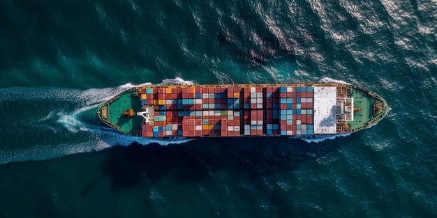 Containervrachtschip in zee bovenaanzicht