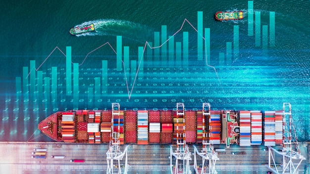 Containervrachtschip wereldwijde bedrijfslogistiek import export vrachtvervoer transport containervrachtschip analyse big data visualisatie abstracte grafiek en grafiekinformatie bedrijf