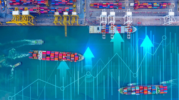 Containervrachtschip wereldwijde bedrijfslogistiek import export vrachtvervoer transport Containervrachtschip analyse Big data visualisatie abstracte grafiek en grafiekinformatie bedrijf