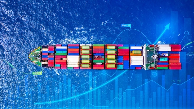 Containervrachtschip wereldwijde bedrijfslogistiek import export vrachtvervoer transport Containervrachtschip analyse Big data visualisatie abstracte grafiek en grafiekinformatie bedrijf