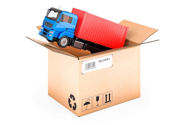 Containervrachtwagen binnen pakket Vrachtvervoer leveringsconcept 3D-rendering