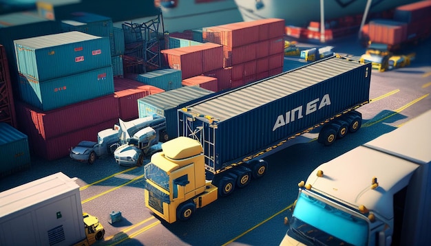 Containervrachtwagen in scheepshaven voor zaken Logistiek en transport van containervrachtschip en vrachtvliegtuig op scheepswerf met werkende kraanbrug Generatieve AI