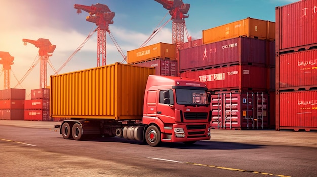 Containerwagen in de haven Industriële containerwerf Vrachtwagen in de containerterminal Generatieve AI