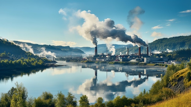 Загрязненная окружающая среда и промышленные дымоходы Электростанции и генерирующий искусственный интеллект окружающей среды