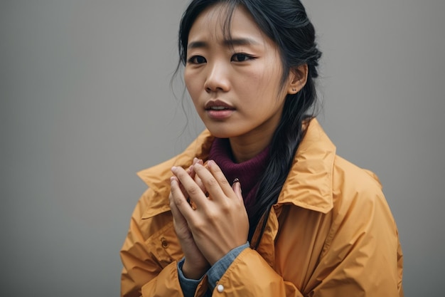 Contemplatieve jonge vrouw alleen in stedelijke winterregen