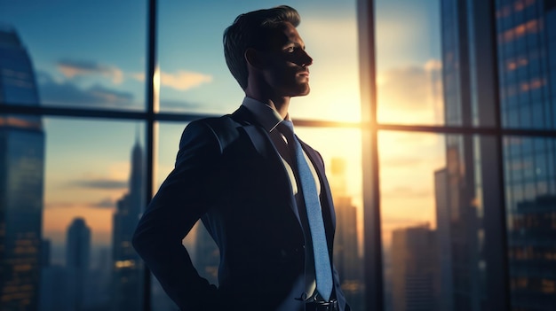 Photo contemplating business organizations a businessman stands back in the office city background