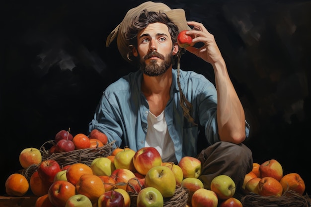 創世記を観察する アーティストが果物を手に持って考えています