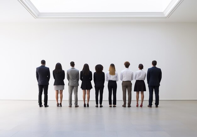 contemplation in an art museum A group of office workers facing a blank wall white background
