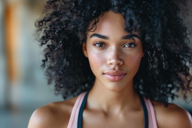 Contemplative beauty A tranquil portrait of a woman with curly hair exuding confidence and introspection