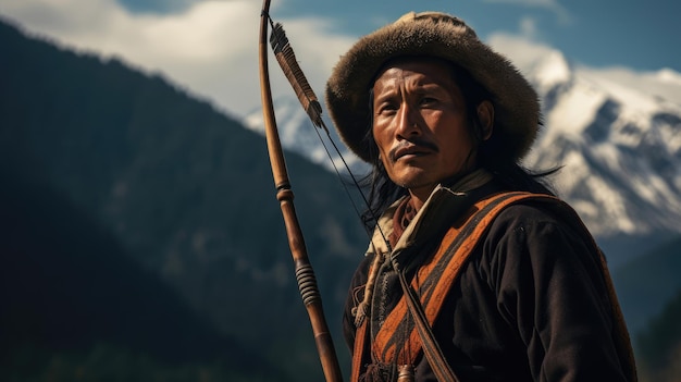 Contemplative Bhutanese Archer against Majestic Himalayas