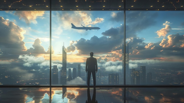 A contemplative businessman gazes out a vast window at a plane crossing a dramatic skyline at dusk