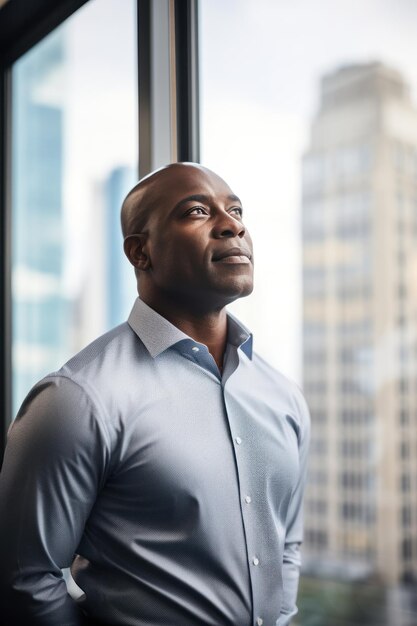 Contemplative businessman in suit by office window