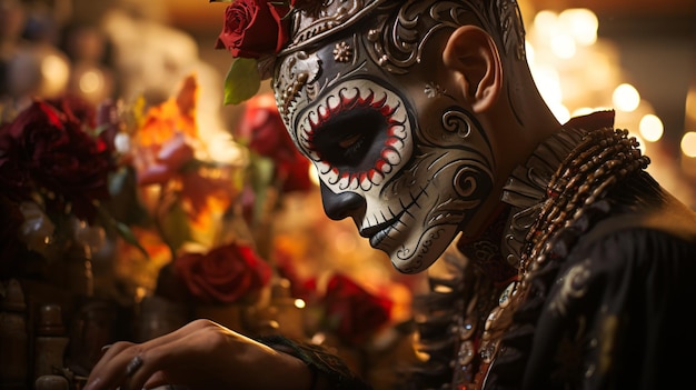 Contemplative Day of the Dead Person in Traditional Face Paint Gazing at Altar