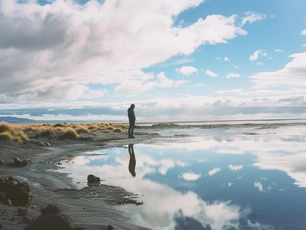 Contemplative Figure by Reflective Shoreline