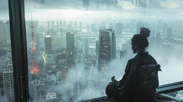 Contemplative Figure Woman Overlooking a Dystopian Cityscape at Night