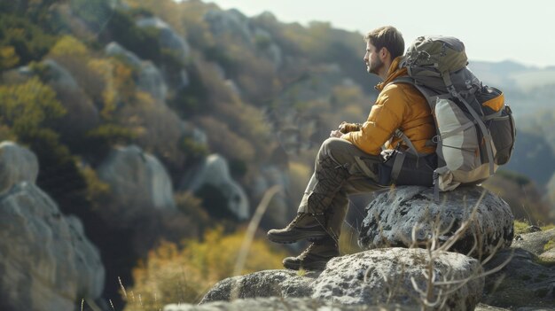 Contemplative hiker taking a break on a rock enjoying a mountain view