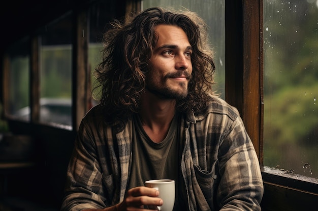 созерцательный человек у дождливого окна, выпивающий чай в разгар размышлений концепция гигге