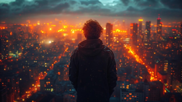 Contemplative man overlooking a bustling nighttime cityscape with lights