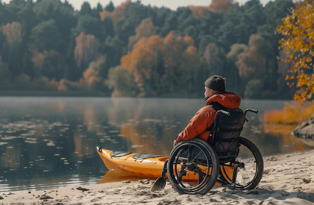 Contemplative Man in Wheelchair by Autumn Lake