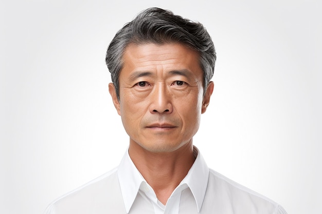 写真 白い背景にドレスシャツを着た瞑想的な中年の日本人男性