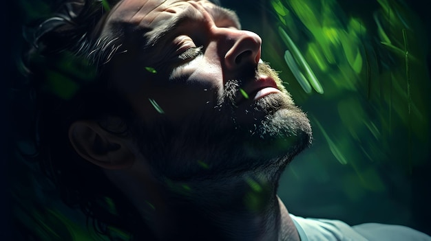 Contemplative mood enhanced by cool greensan introspective male face lit by calming color gels