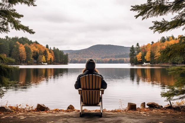 ニューヨーク州アディロンダックの秋のサラナック湖で瞑想的な観察