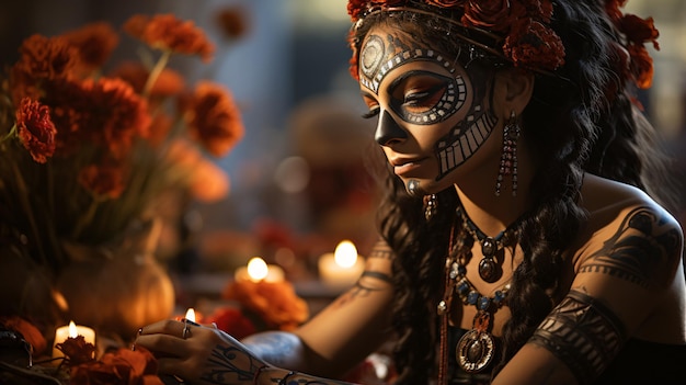 Contemplative Reflection Traditional Day of the Dead Face Paint and Thoughtful Altar Gaze