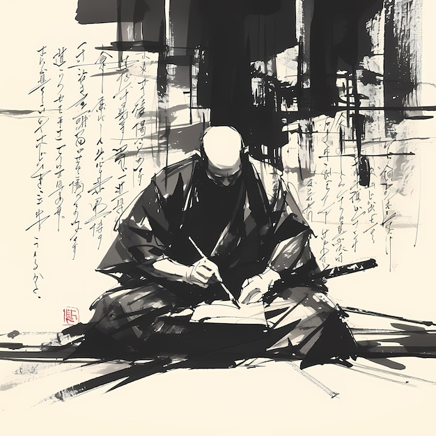 Contemplative Samurai Modern Ink Illustration