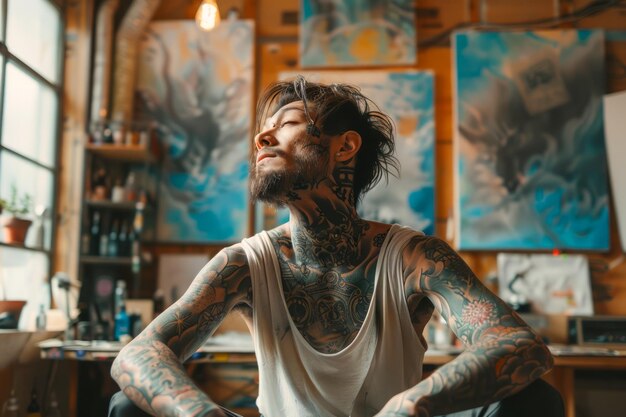 Foto artista maschio tatuato contemplativo seduto in uno studio creativo circondato da opere d'arte