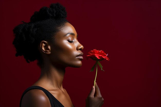 Photo contemplative woman in black dress with wilted flower