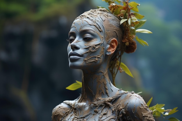 A contemplative woman covered in textured mud paint symbolizing a primal bond with the earth set against a softfocus natural landscape