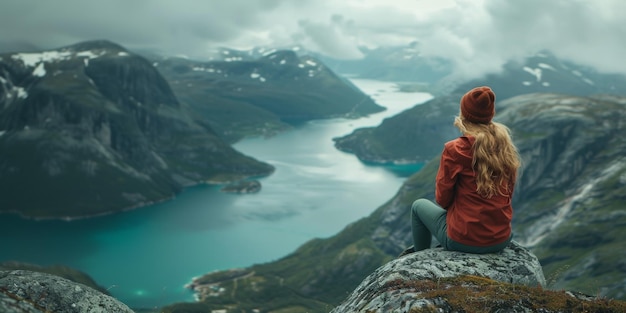 Foto donna contemplativa che si gode la vastità e la bellezza di un fiordo da un punto elevato