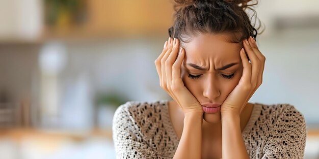 Foto donna contemplativa a casa che riflette sullo stress e l'ansia concept selfcare mental wellness tecniche di rilassamento