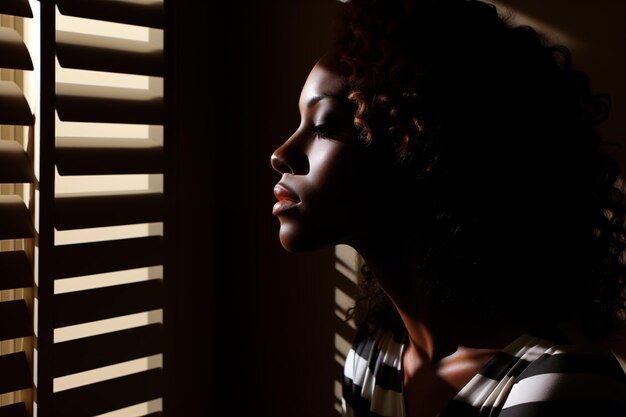 Contemplative Woman Silhouetted Against Window Blinds