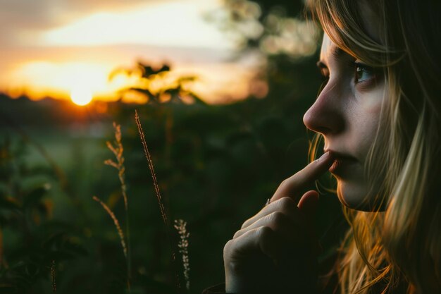 Foto donna contemplativa al tramonto nella natura con pensieri e emozioni profonde