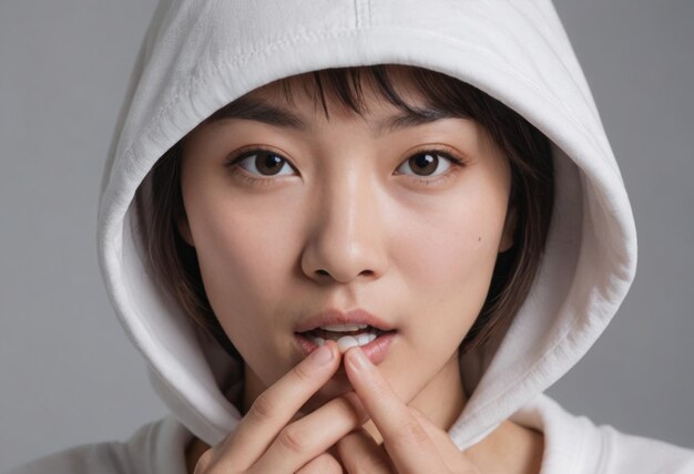 A contemplative woman in a white hooded top with fingers on lips her gaze is introspective and