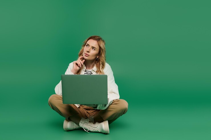 Фотография размышляющая женщина с кудрявыми волосами работает на ноутбуке на ярко-зеленом фоне
